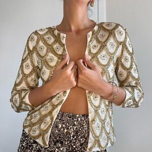 Yumi Kim | Gold & cream beaded embellished sparkly cardigan 20s Gatsby | Size XS